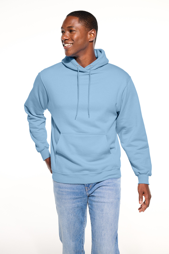 A man modeling a “light blue” Port & Company PC78H.