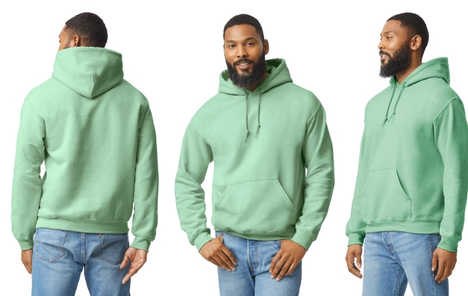 The back, front and side view of the Gildan 185000 Adult Heavy Blend™ 8 oz., 50/50 Hooded Sweatshirt in the color “mint green”