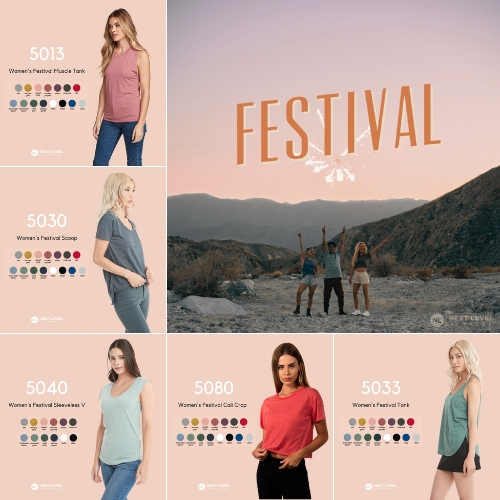 The Next Level Festival Collection, featuring ladies’ t-shirts and tank tops.